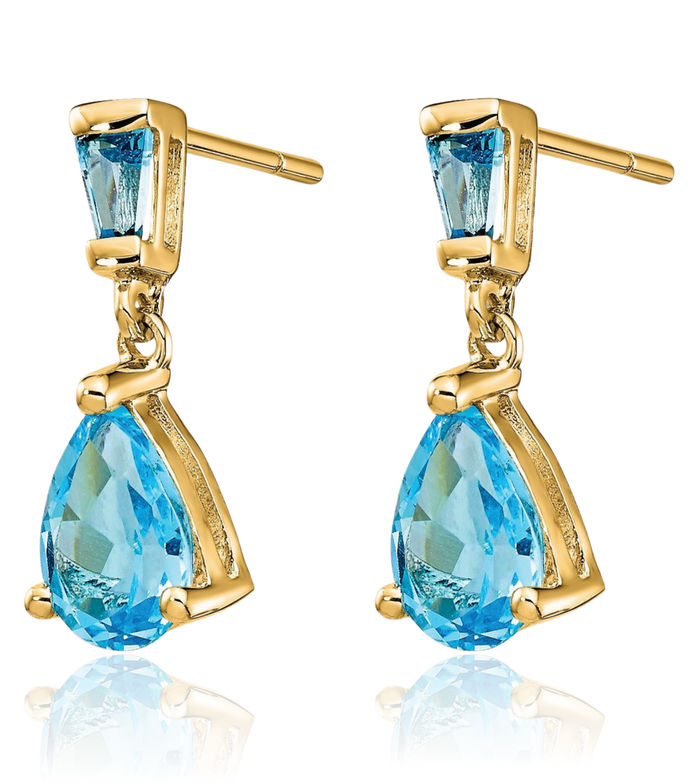 14K Solid Yellow Gold Swiss Blue Topaz Drop Dangle Earrings December Birthstone Jewelry