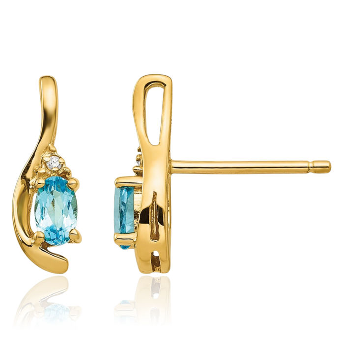 14K Solid Yellow Gold Swiss Blue Topaz Diamond Drop Dangle Earrings December Birthstone Jewelry