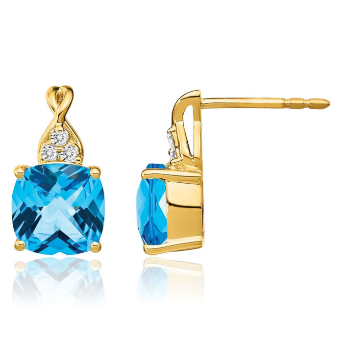 14K Solid Yellow Gold Swiss Blue Topaz Diamond Drop Dangle Earrings December Birthstone Jewelry