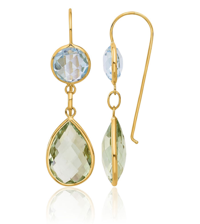 14K Solid Yellow Gold Swiss Blue Topaz Green Quartz Drop Dangle Earrings Pear Teardrop Gemstone