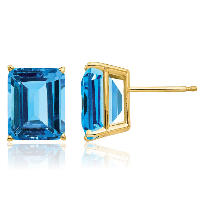 14K Solid Yellow Gold Swiss Blue Topaz Studs Gemstone Solitaire Earrings December Birthstone Jewelry