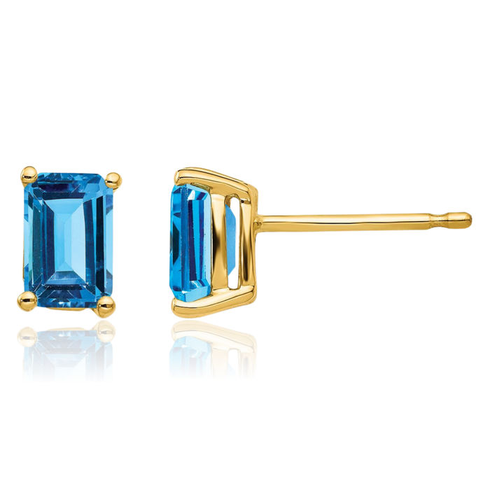 14K Solid Yellow Gold Swiss Blue Topaz Studs Gemstone Solitaire Earrings December Birthstone Jewelry