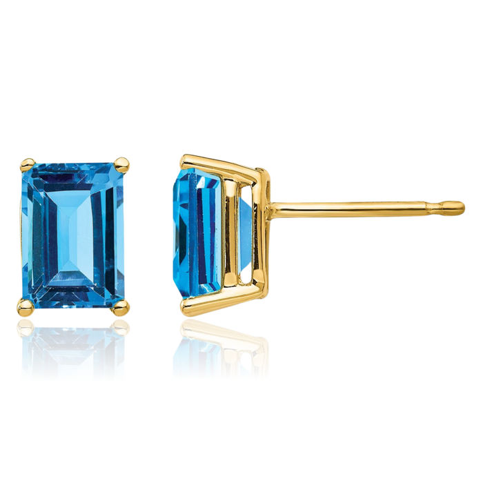 14K Solid Yellow Gold Swiss Blue Topaz Studs Gemstone Solitaire Earrings December Birthstone Jewelry