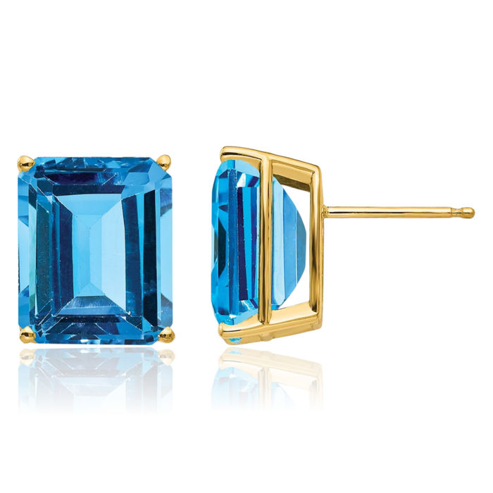 14K Solid Yellow Gold Swiss Blue Topaz Studs Gemstone Solitaire Earrings December Birthstone Jewelry