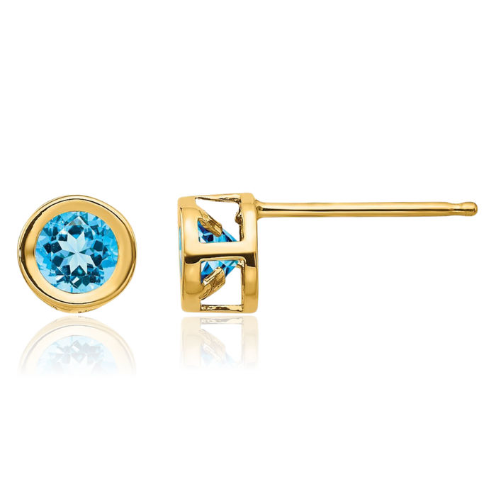 14K Solid Yellow Gold Swiss Blue Topaz Studs Gemstone Solitaire Earrings December Birthstone Jewelry