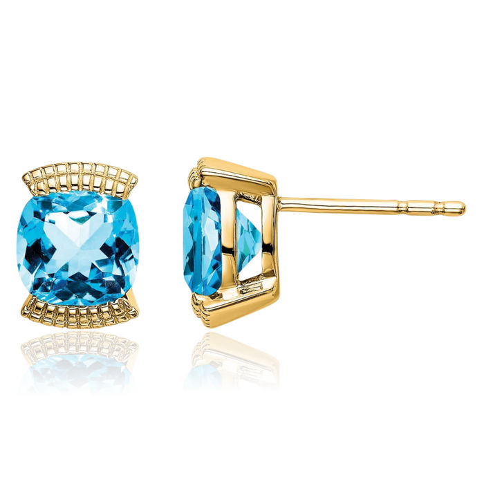 14K Solid Yellow Gold Swiss Blue Topaz Studs Gemstone Earrings December Birthstone Jewelry