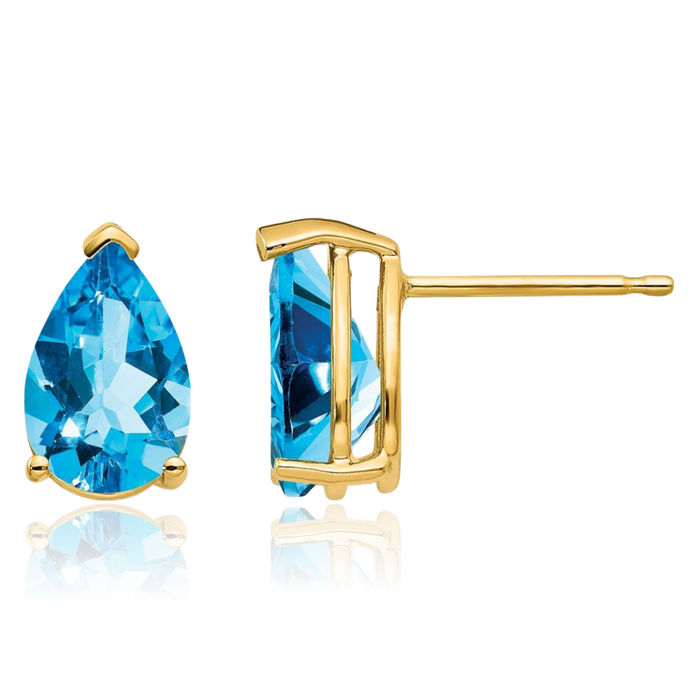 14K Solid Yellow Gold Swiss Blue Topaz Studs Pear Teardrop Gemstone Solitaire Earrings December Birthstone Jewelry