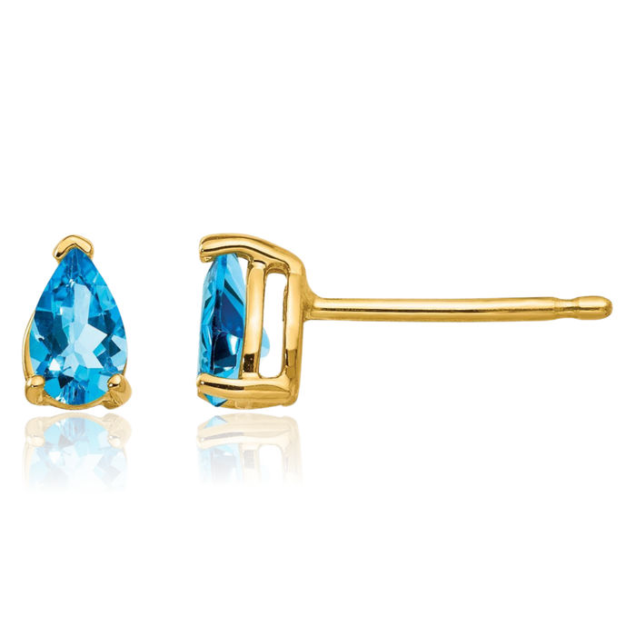 14K Solid Yellow Gold Swiss Blue Topaz Studs Pear Teardrop Gemstone Solitaire Earrings December Birthstone Jewelry