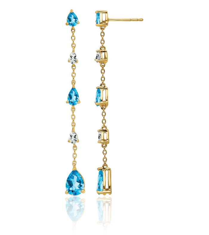 14K Solid Yellow Gold Swiss Blue White Topaz Drop Dangle Earrings Pear Teardrop Gemstone December Birthstone Jewelry