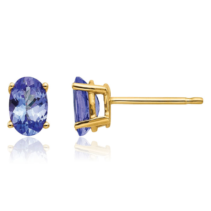 14K Solid Yellow Gold Blue Tanzanite Studs Gemstone Solitaire Earrings December Birthstone Jewelry