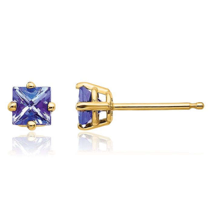 14K Solid Yellow Gold Blue Tanzanite Studs Gemstone Solitaire Earrings December Birthstone Jewelry