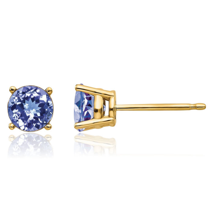 14K Solid Yellow Gold Blue Tanzanite Studs Gemstone Solitaire Earrings December Birthstone Jewelry