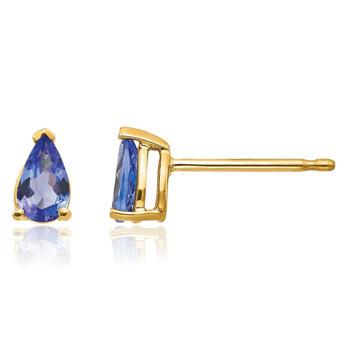 14K Solid Yellow Gold Blue Tanzanite Studs Pear Teardrop Gemstone Solitaire Earrings December Birthstone Jewelry