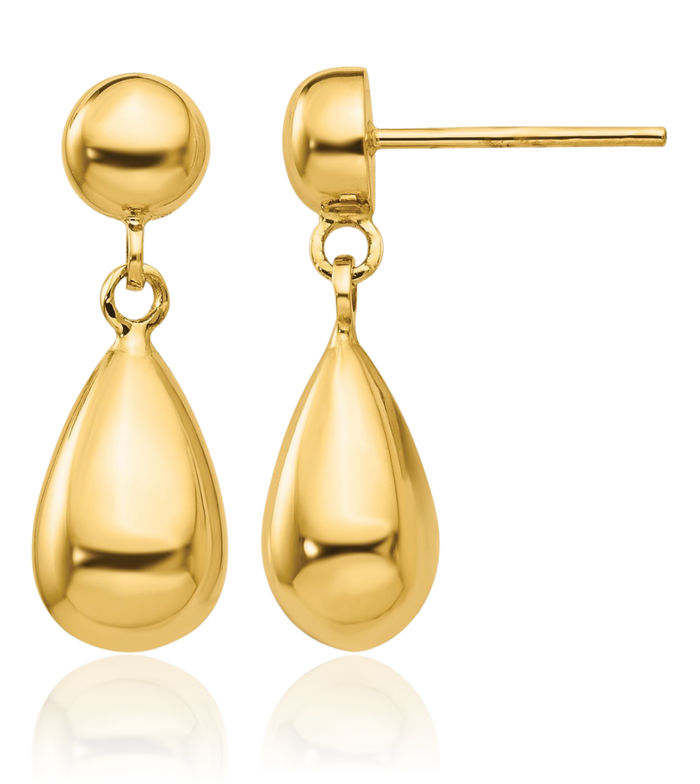 14K Solid Yellow Gold Teardrop Post Drop Dangle Earrings