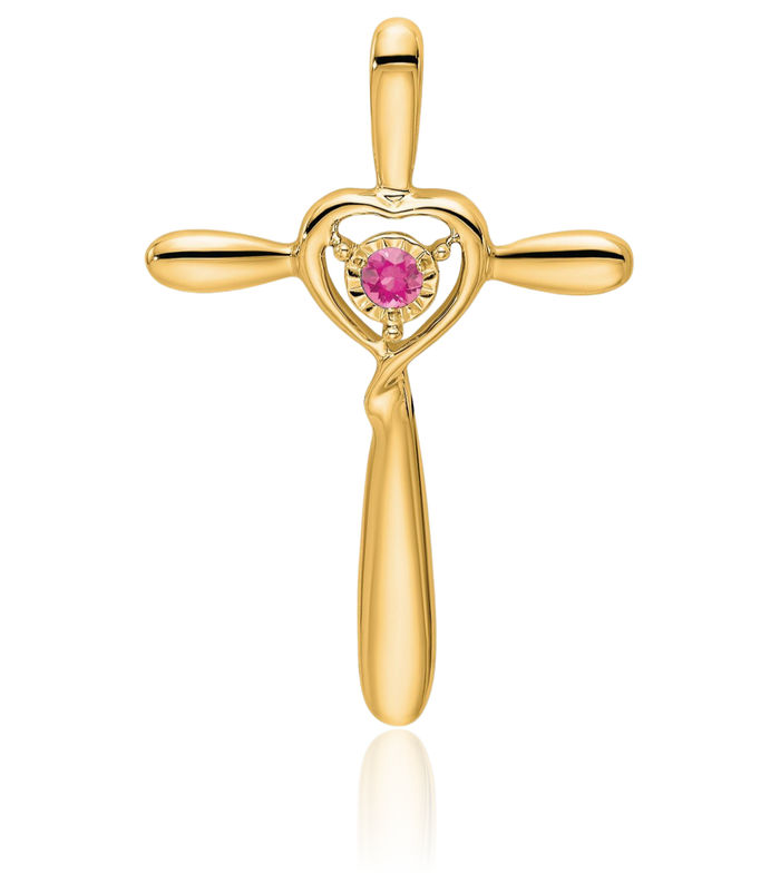 14K Solid Yellow Gold Pink Tourmaline Holy Cross Heart Floating Chain Slide Pendant Necklace Gemstone Charm October Birthstone Jewelry