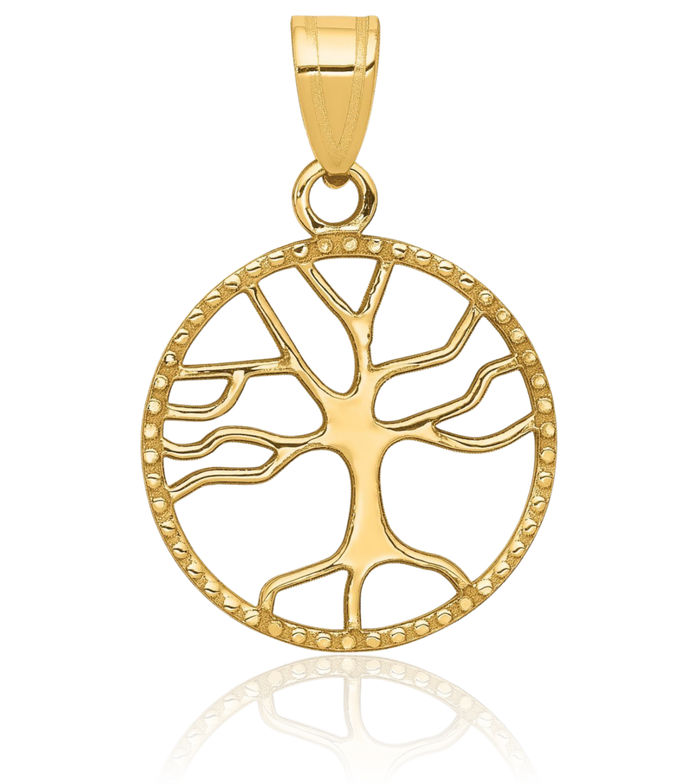 14K Solid Yellow Gold Tree of Life Round Necklace Chain Pendant Charm