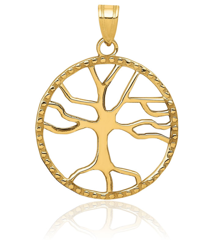 14K Solid Yellow Gold Tree of Life Round Necklace Chain Pendant Charm