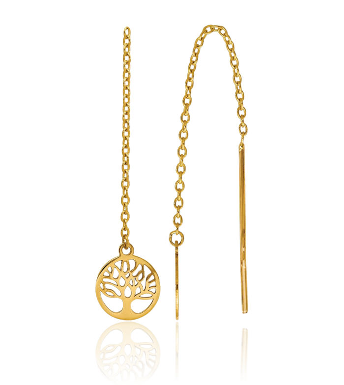 14K Solid Yellow Gold Tree of Life Threader Drop Dangle Earrings