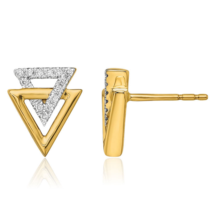 14K Solid Yellow Gold Triangle Diamond Stud Earrings