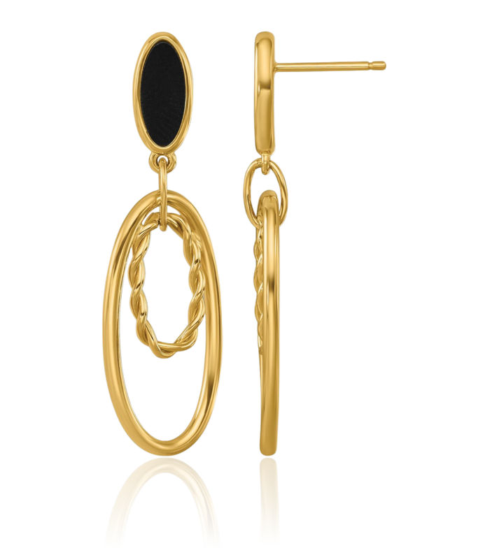 14K Solid Yellow Gold Twisted Black Onyx Oval Post Drop Dangle Earrings Gemstone Push Back