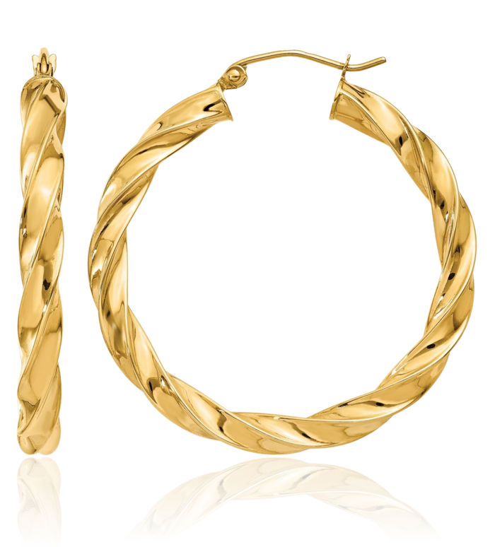 14K Solid Yellow Gold Twisted Round Medium Hoop Earrings