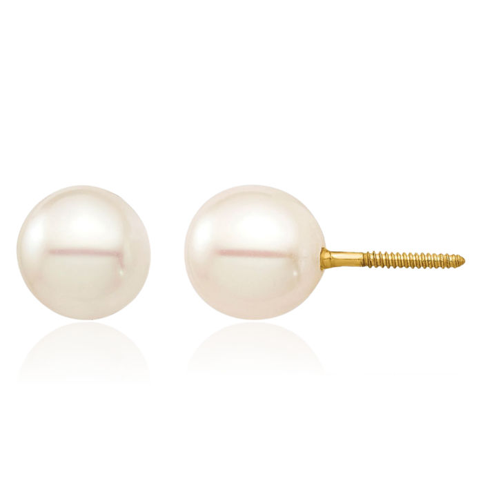 14K Solid Yellow Gold 6 7 White Round Freshwater Cultured Pearl Screw Back Stud Earrings