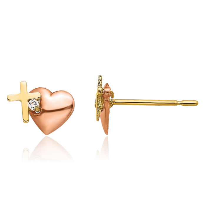 14K Solid Yellow Rose Pink Gold Cubic Zirconia CZ Heart Holy Cross Drop Dangle Christian Religious Stud Earrings