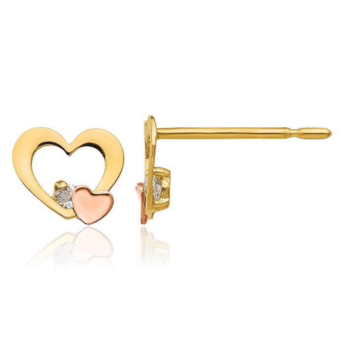 14K Solid Yellow Rose Pink Gold Cubic Zirconia CZ Heart Stud Earrings