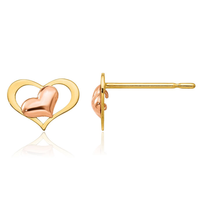 14K Solid Yellow Rose Pink Gold Heart Stud Earrings