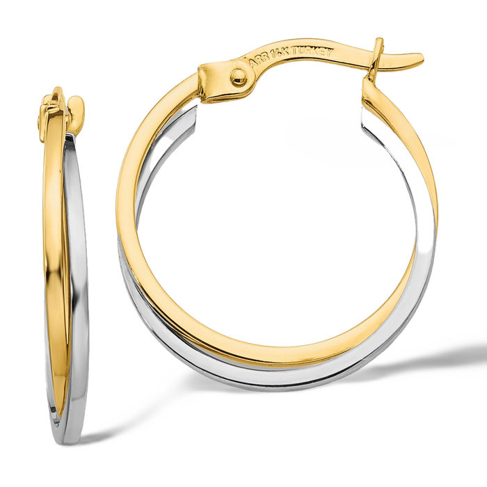 14K Solid Two Tone Gold Round Small Hoop Earrings