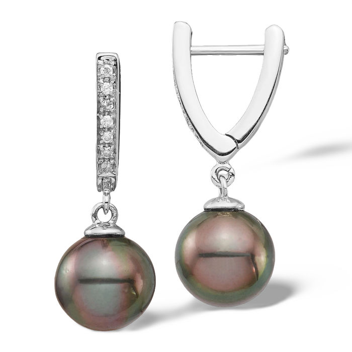 14K Solid White Gold 9mm Black Round Tahitian Saltwater Cultured Pearl .10 Diamond Drop Dangle Earrings