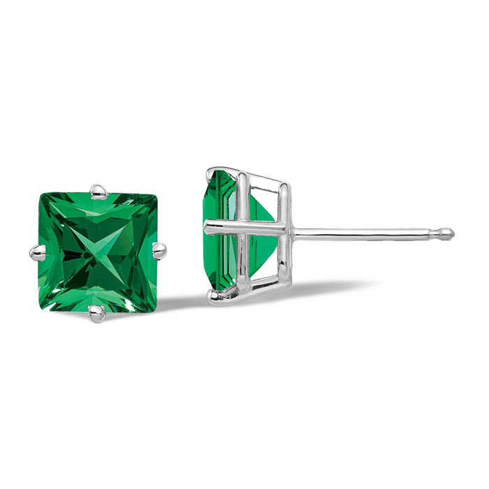 14K Solid White Gold 7mm Princess-Cut Square Mount Saint Helens Green Helenite Studs Gemstone Solitaire Earrings