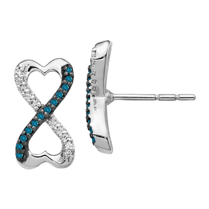 14K Solid White Gold Blue Diamond Infinity Twisted Love Knot Symbol Heart Drop Dangle Earrings