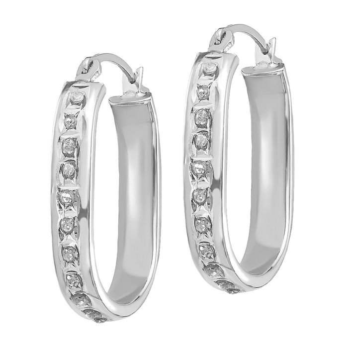 14K Solid White Gold Diamond Square Medium Hoop Earrings