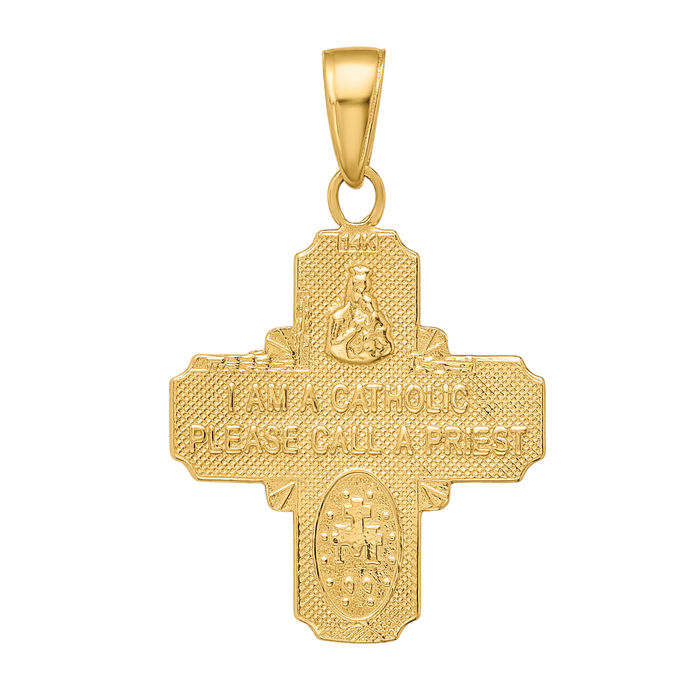 14K Solid Yellow Gold Four Way Holy Cross Religious Medal Necklace Christian Pendant Scapular Charm