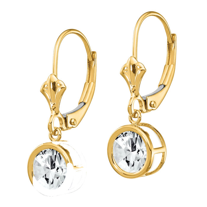 14k Real store Yellow Gold Round Bezel Set Dangle Cubic Zirconia 6 Mm Lever Back Earrings