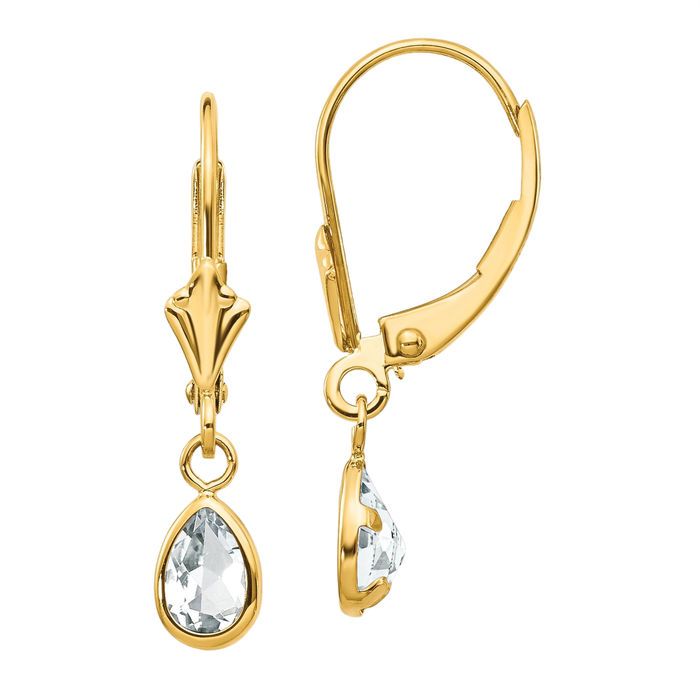 14K Yellow or White Gold Genuine on sale White Topaz Lever Back Dangly Earrings April Birthstone