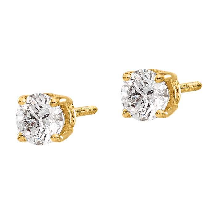 14K Solid Yellow Gold Diamond Studs Post Screw Back Earrings