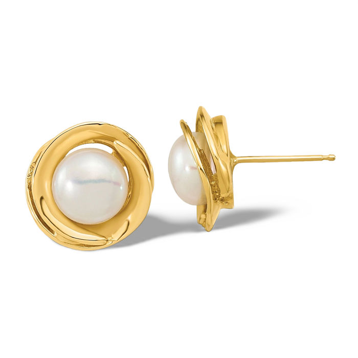 14K Solid Yellow Gold 6mm White Button Freshwater Cultured Pearl Stud Earrings