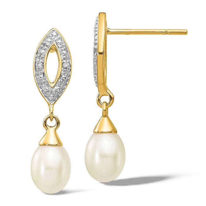 14K Solid Two Tone Yellow White Gold Teardrop Freshwater Cultured Pearl Diamond Drop Dangle Earrings