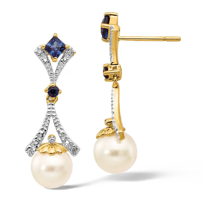 14K Solid Yellow Gold 7mm Freshwater Cultured Pearl Lab Blue Sapphire Diamond Drop Dangle Earrings