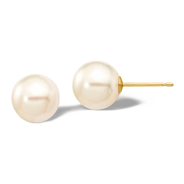 14K Solid Yellow Gold 8mm White Round Akoya Saltwater Cultured Pearl Stud Earrings