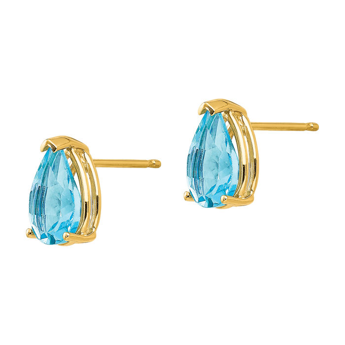 14K Solid Yellow Gold Swiss Blue Topaz Studs Pear Teardrop Gemstone Solitaire Earrings December Birthstone Jewelry