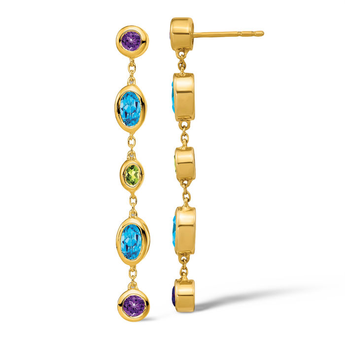 14K Solid Yellow Gold Purple Amethyst Swiss Blue Topaz Green Peridot Drop Dangle Earrings Gemstone Post Push Back