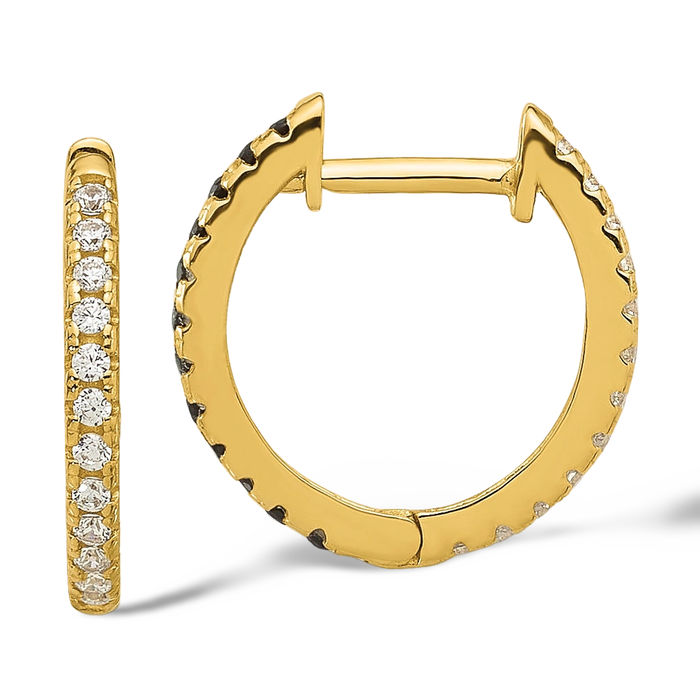 14K Solid Yellow Gold Black White Cubic Zirconia CZ Reversible Huggie Round Small Hoop Earrings