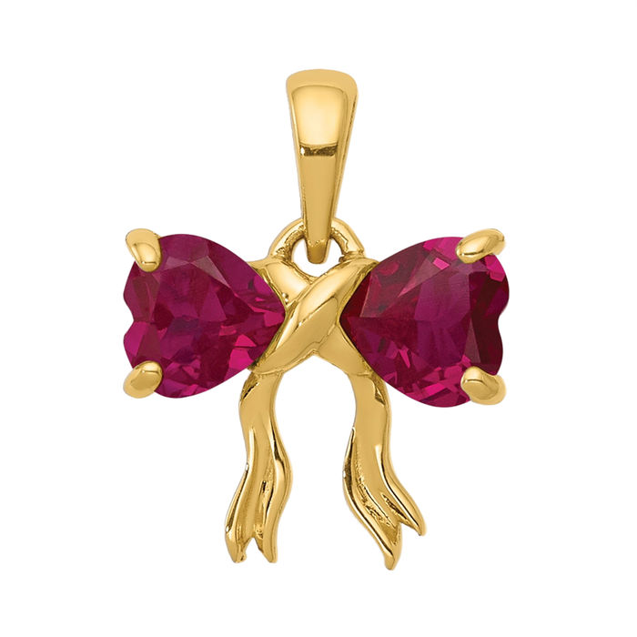 14K Solid Yellow Gold Lab Ruby Bow Necklace - Picture 11 of 12