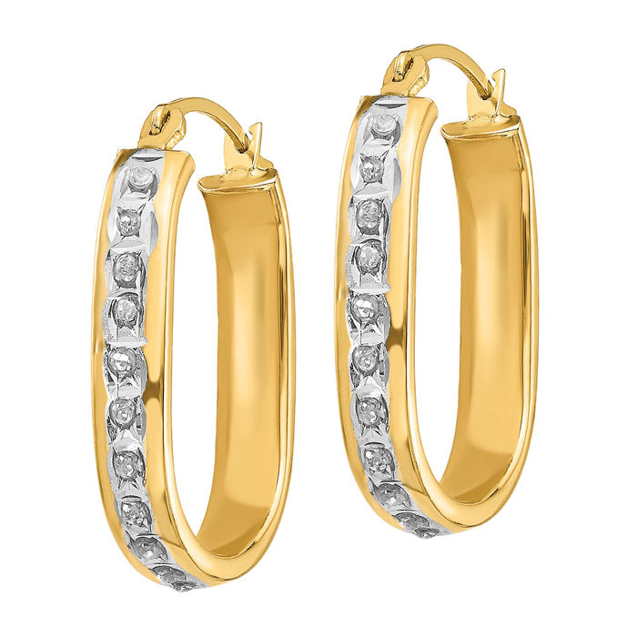 14K Solid Yellow Gold Diamond Square Medium Hoop Earrings
