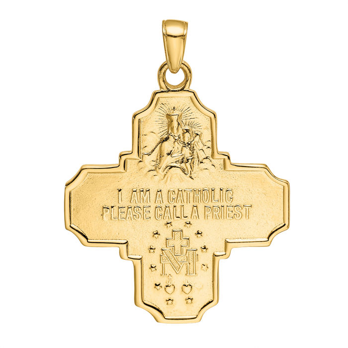 14K Solid Yellow Gold Four Way Holy Cross Religious Medal Necklace Christian Pendant Scapular Charm