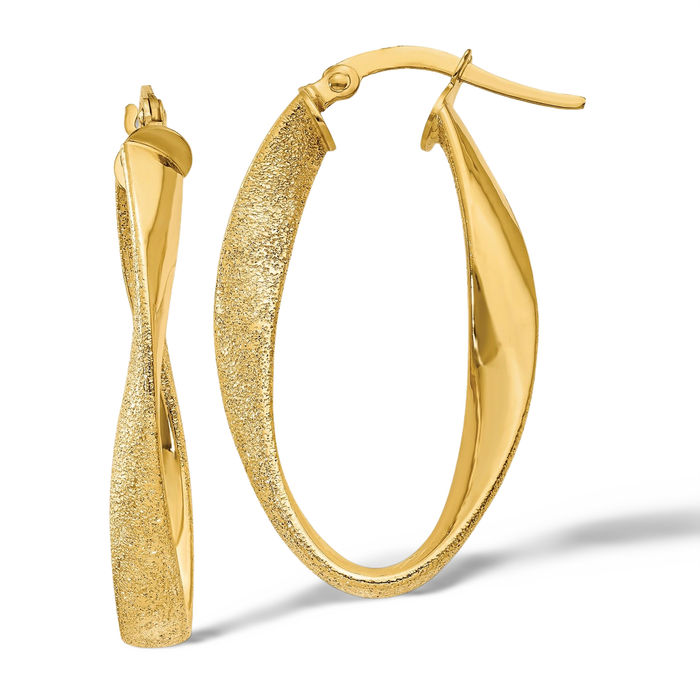 14K Solid Yellow Gold Oval Twisted Medium Hoop Earrings