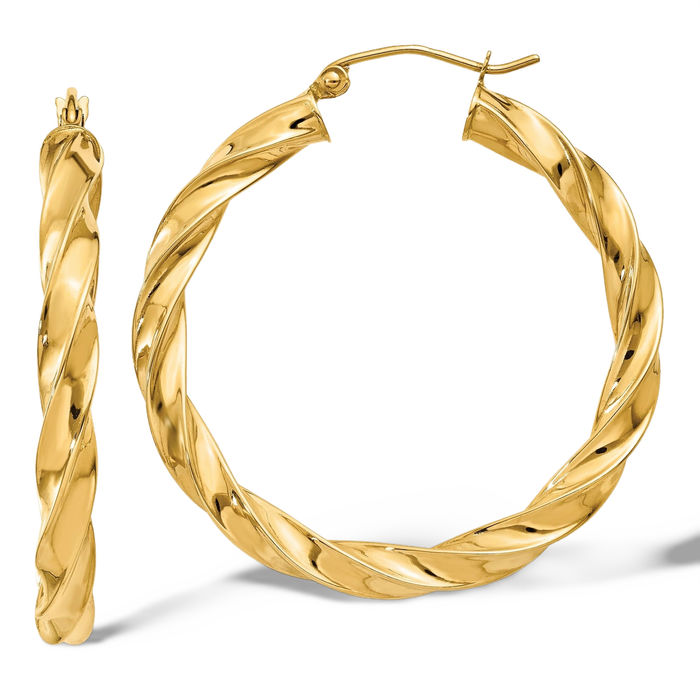 14K Solid Yellow Gold Twisted Round Medium Hoop Earrings